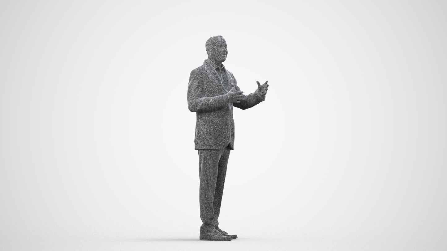 3D human model man formal standing, photogrammetry scanned person for archviz, wireframe side view