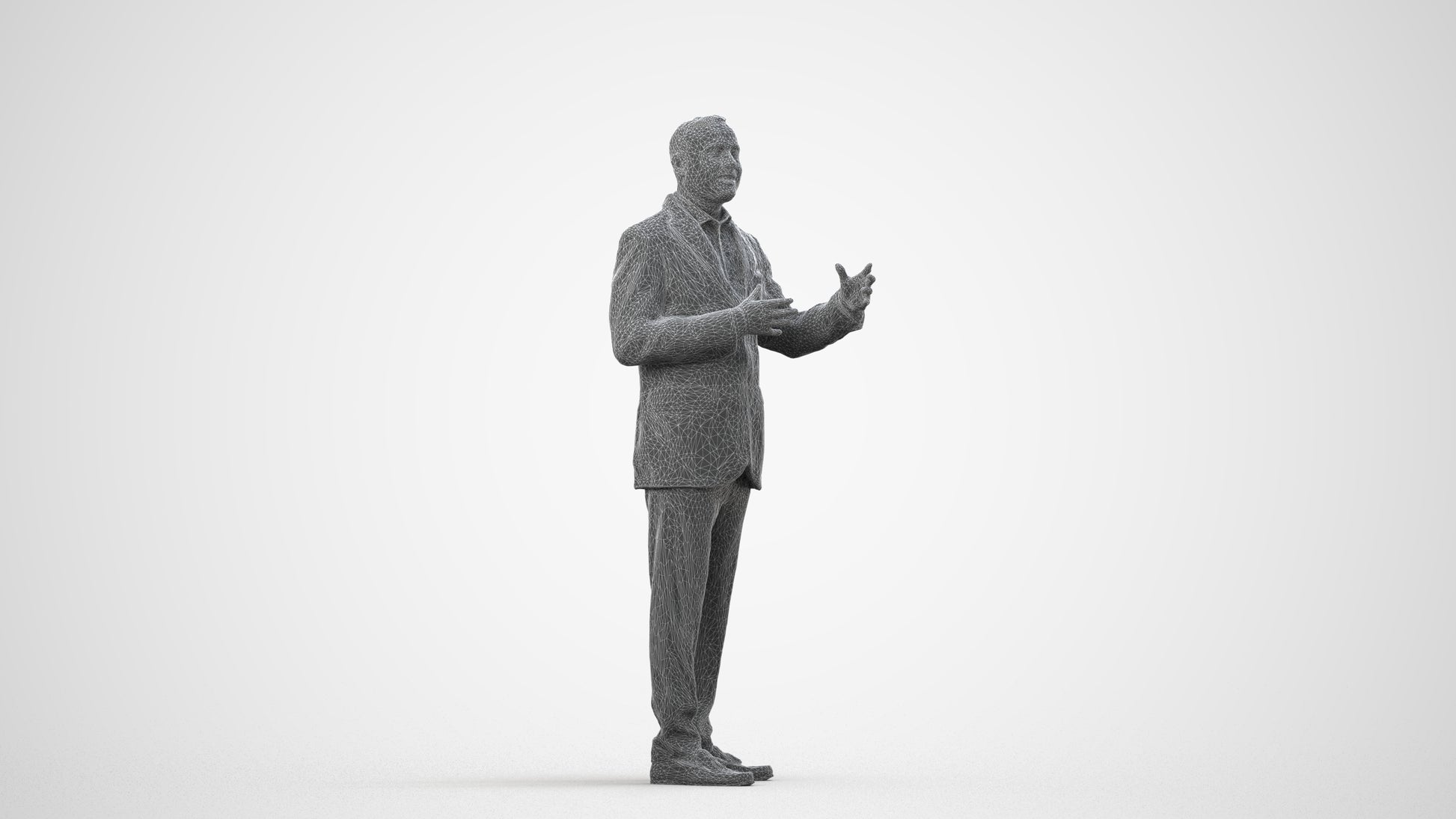3D human model man formal standing, photogrammetry scanned person for archviz, wireframe side view