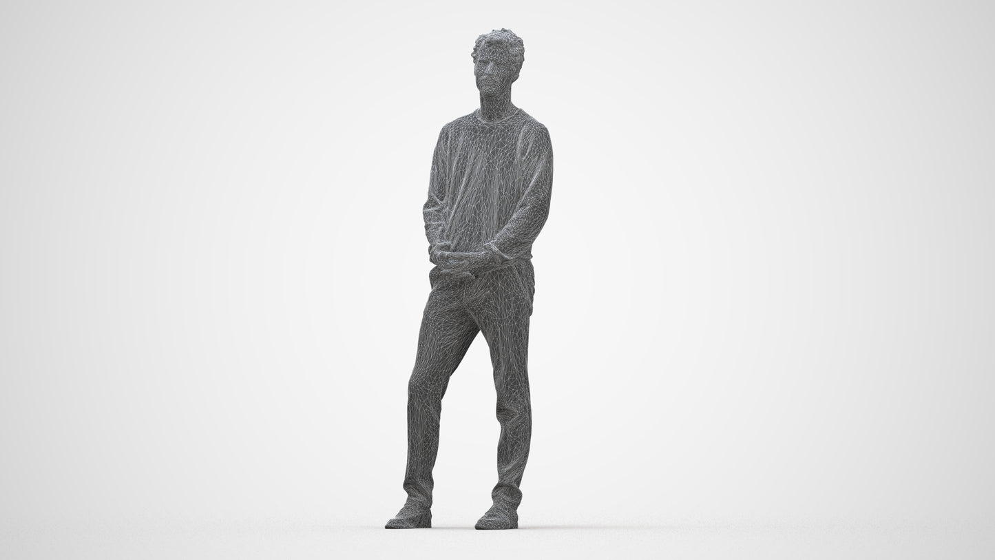 scanned 3D man casual standing, photogrammetry people for Enscape and V-Ray, wireframe back view