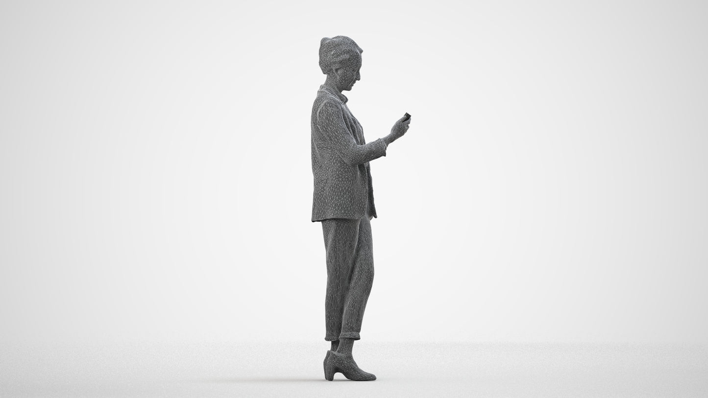 3D human model woman business, photogrammetry scanned person for archviz, wireframe side view