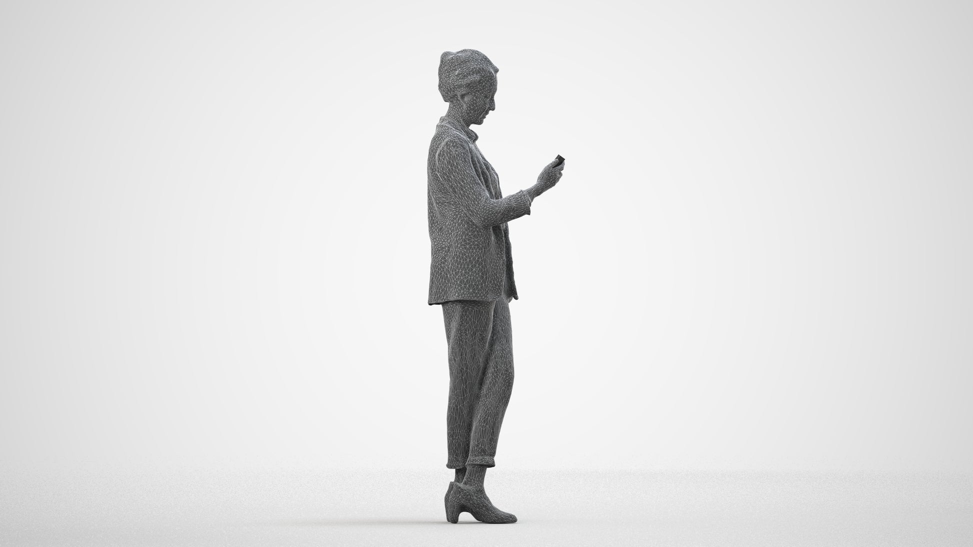 3D human model woman business, photogrammetry scanned person for archviz, wireframe side view