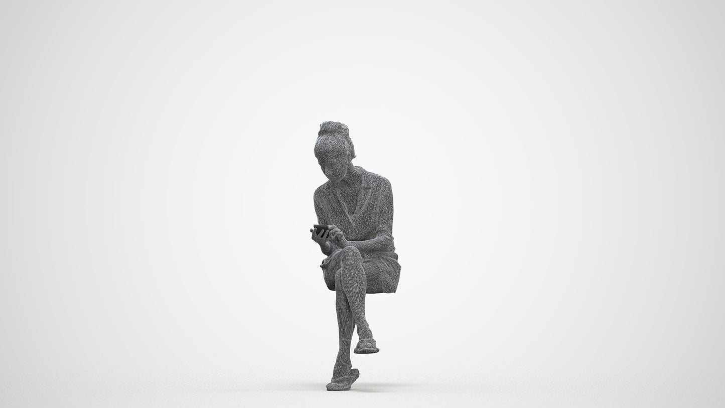 scanned 3D woman casual sitting, photogrammetry people for Enscape and V-Ray, three-quarter front view render