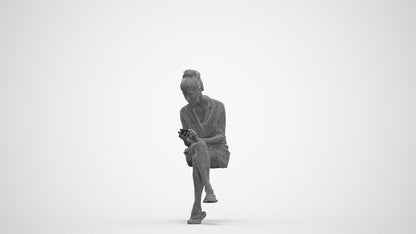 scanned 3D woman casual sitting, photogrammetry people for Enscape and V-Ray, three-quarter front view render