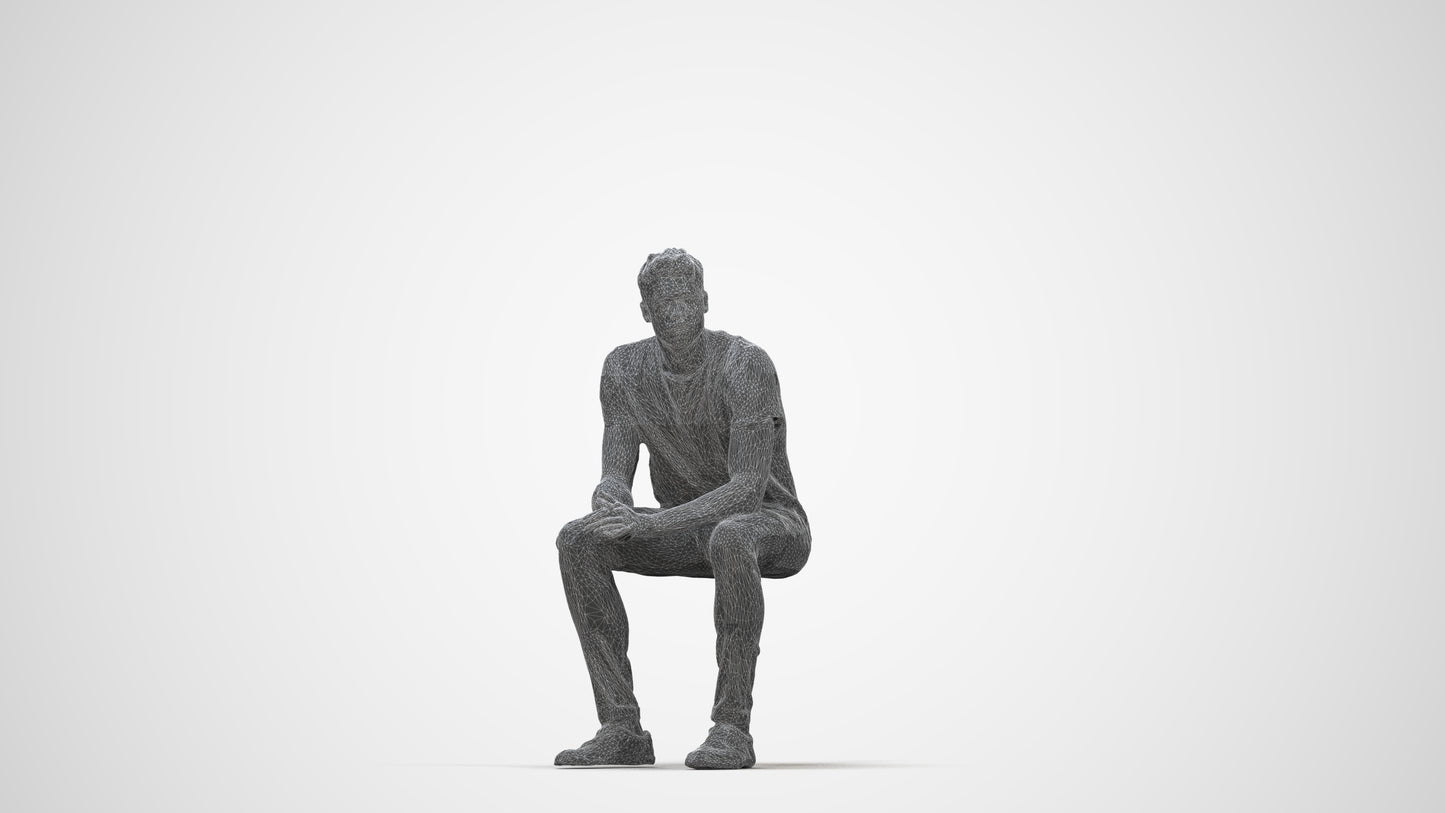 realistic 3D man casual sitting, scanned archviz people for Blender and 3ds Max, wireframe back view