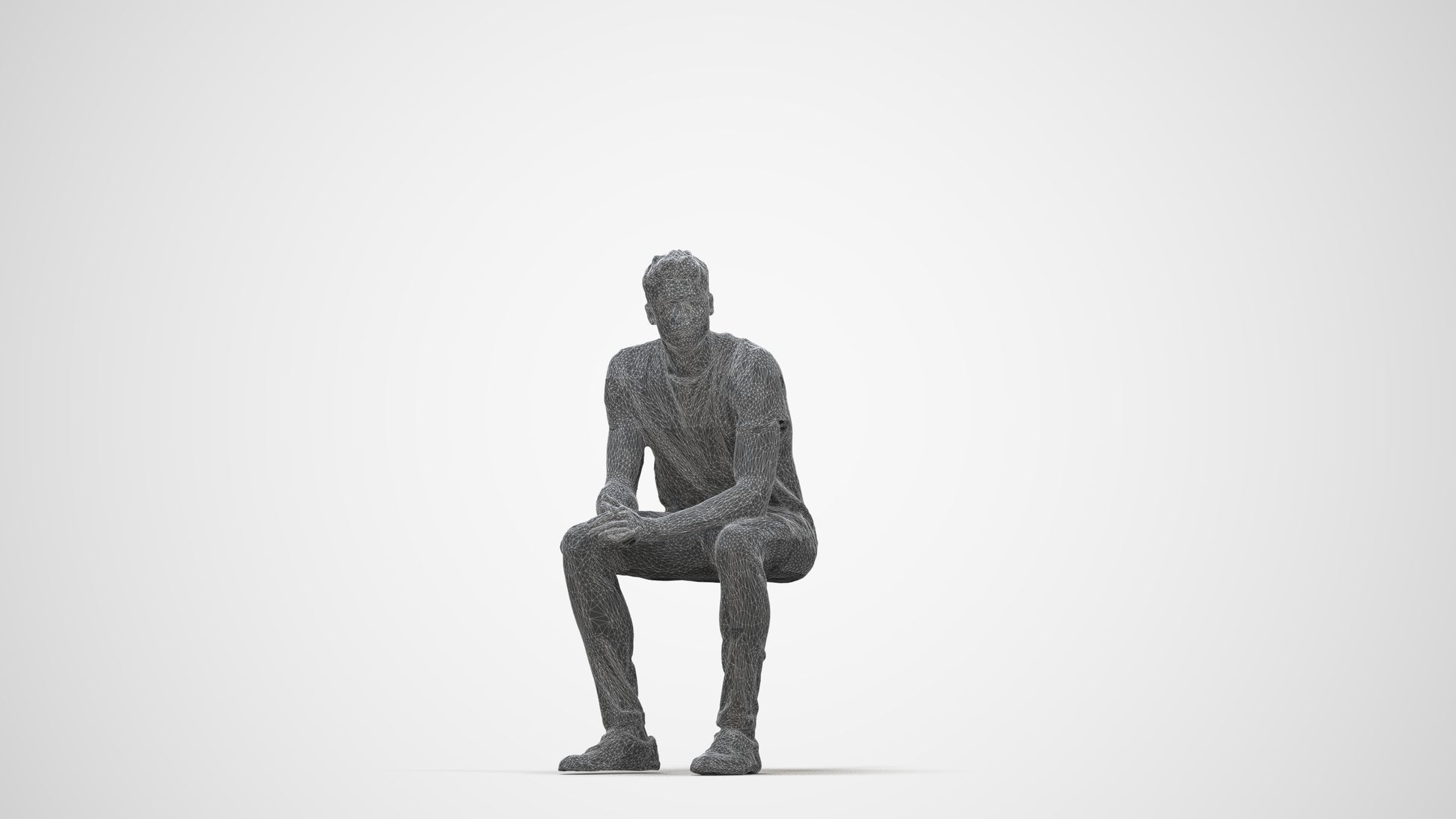 realistic 3D man casual sitting, scanned archviz people for Blender and 3ds Max, wireframe back view