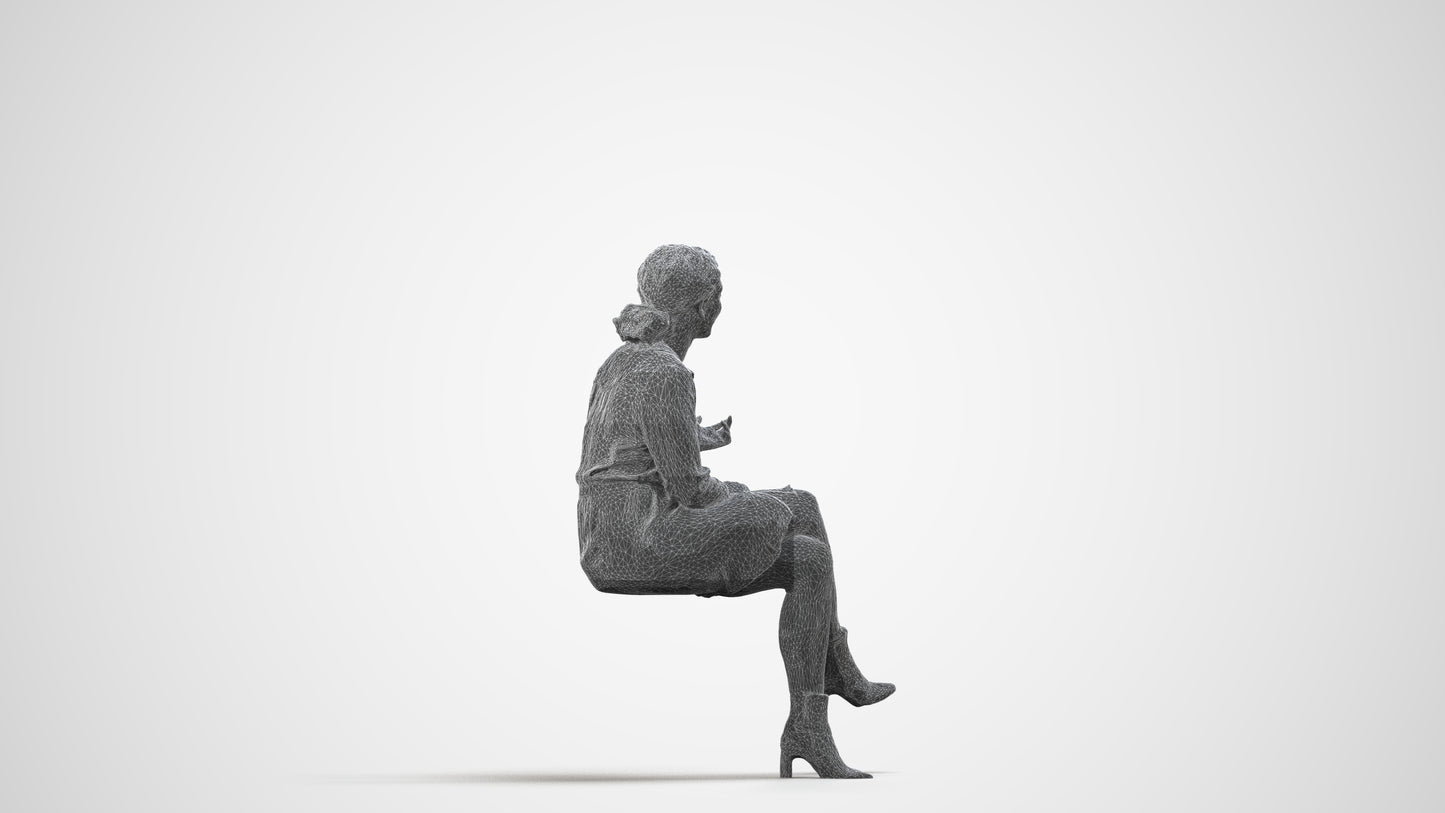 realistic 3D people woman casual sitting, render-ready for V-Ray and Corona, FBX OBJ, wireframe side view
