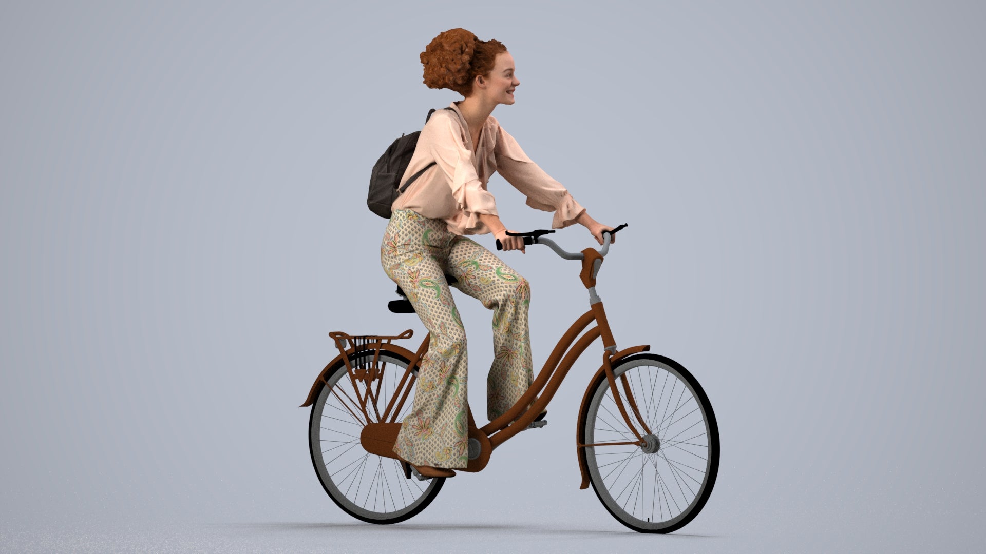 photogrammetry 3D woman casual cycling, realistic human model archviz FBX, side view render