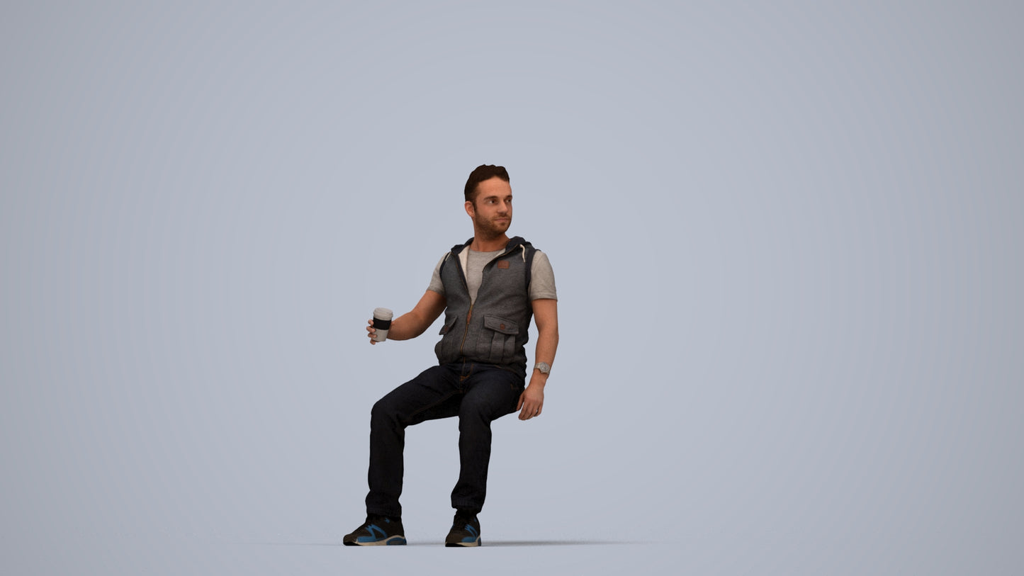 scanned 3D man casual sitting, photogrammetry people for Enscape and V-Ray, top-down view render