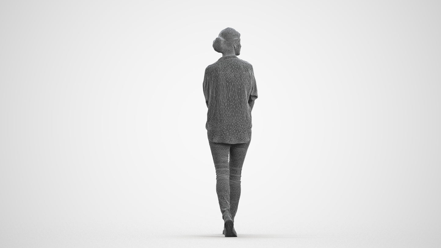 3D people model woman casual walking, scanned human for 3ds Max rendering, wireframe front view