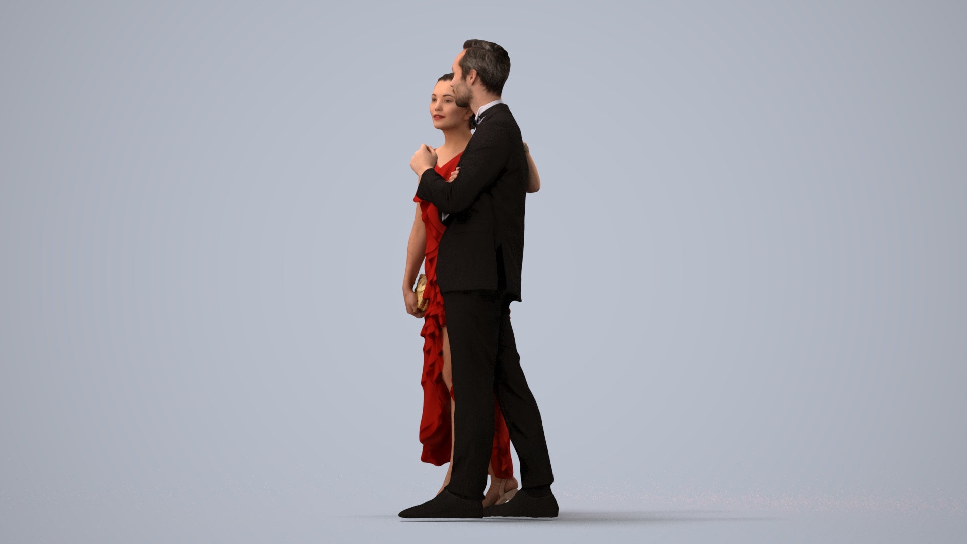 3D human model woman formal formalaffairs, photogrammetry scanned person for archviz, three-quarter view render