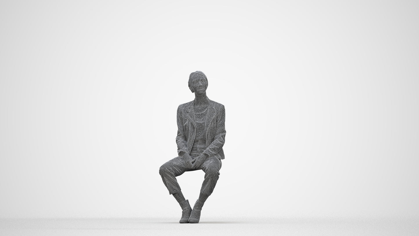 scanned 3D woman casual sitting, photogrammetry people for Enscape and V-Ray, wireframe back view
