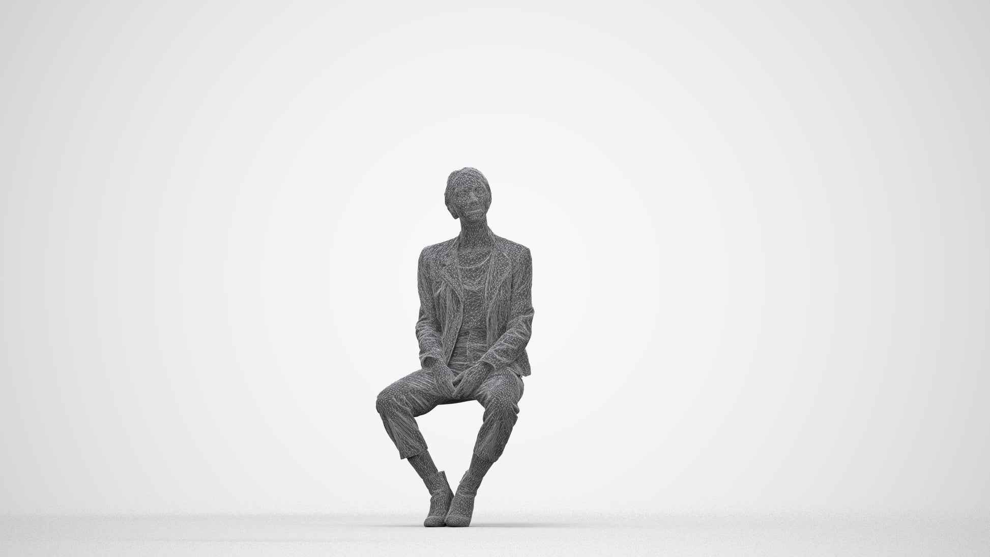 scanned 3D woman casual sitting, photogrammetry people for Enscape and V-Ray, wireframe back view