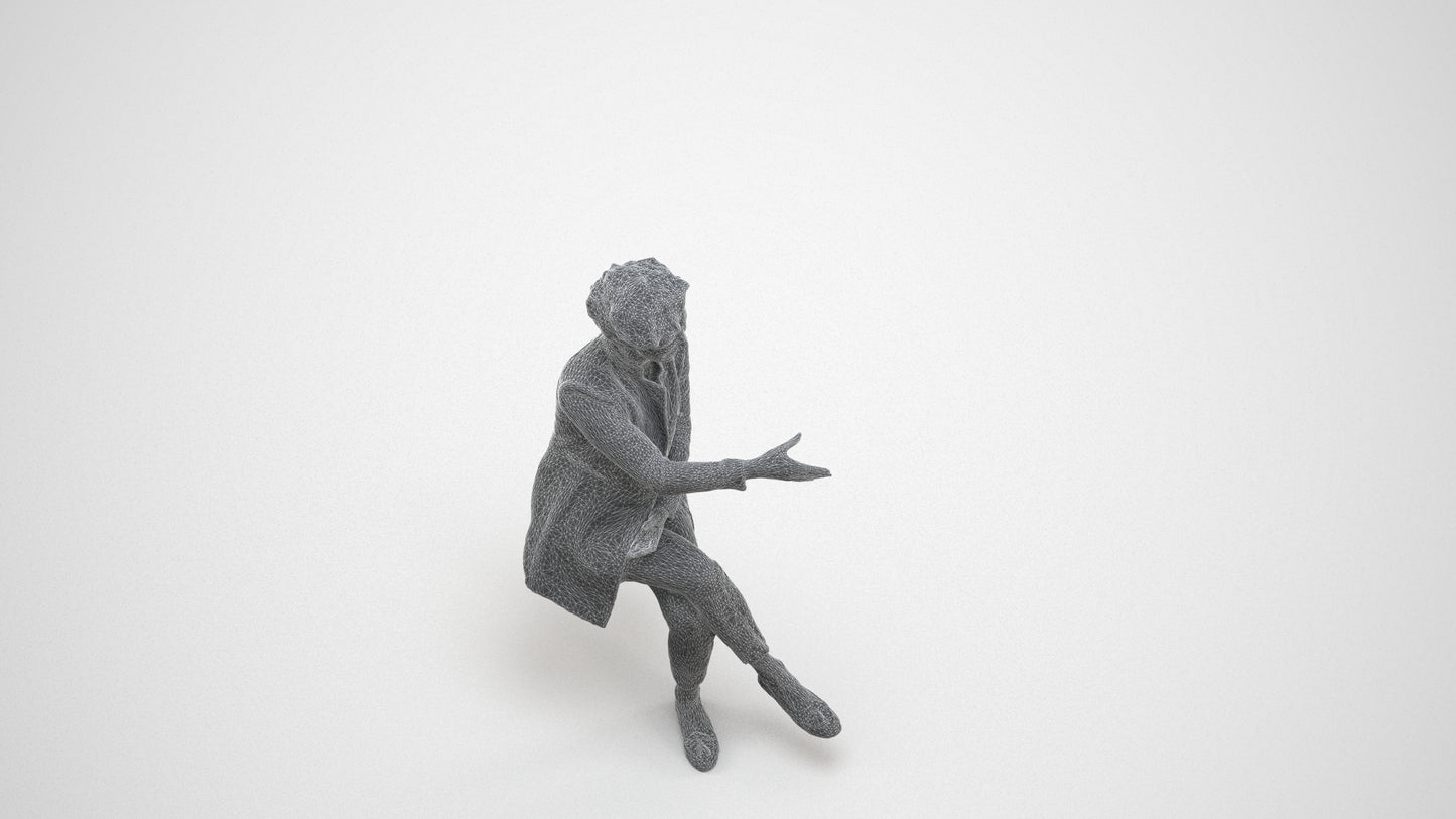 photogrammetry 3D woman business sitting, realistic human model archviz FBX, wireframe three-quarter view