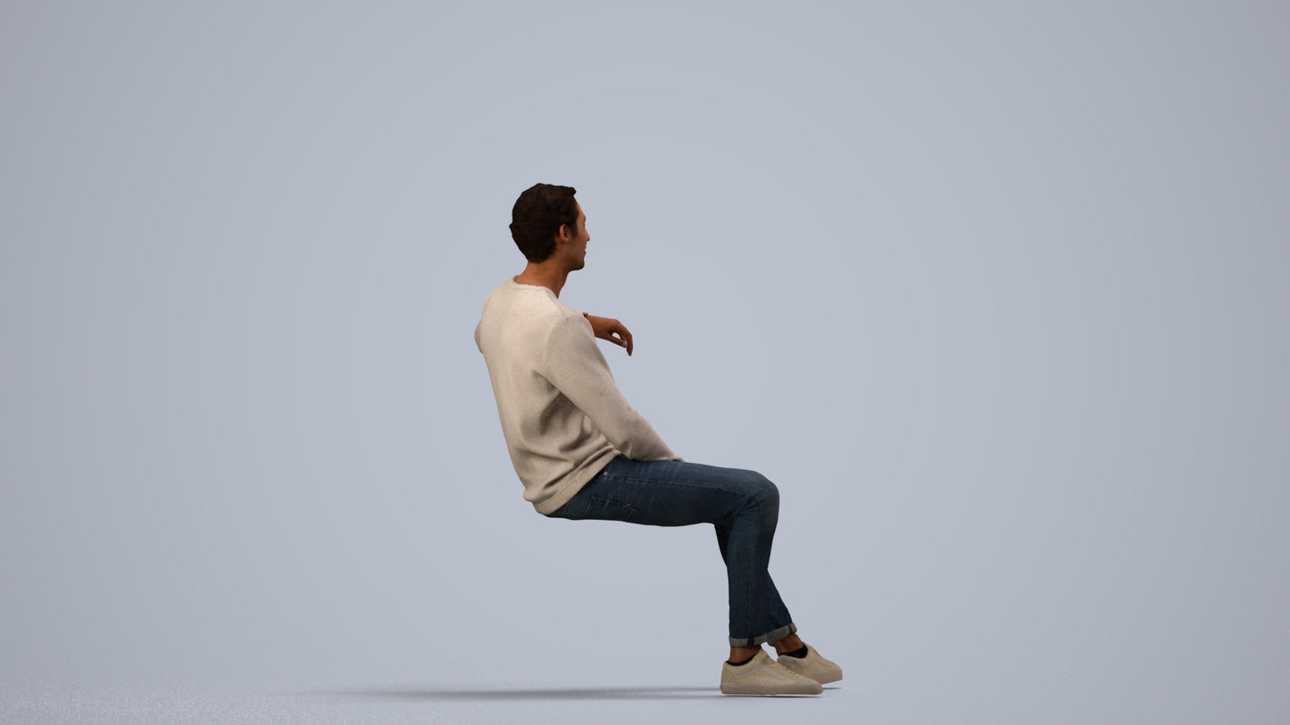 photogrammetry 3D man casual sitting, realistic human model archviz FBX, side view render