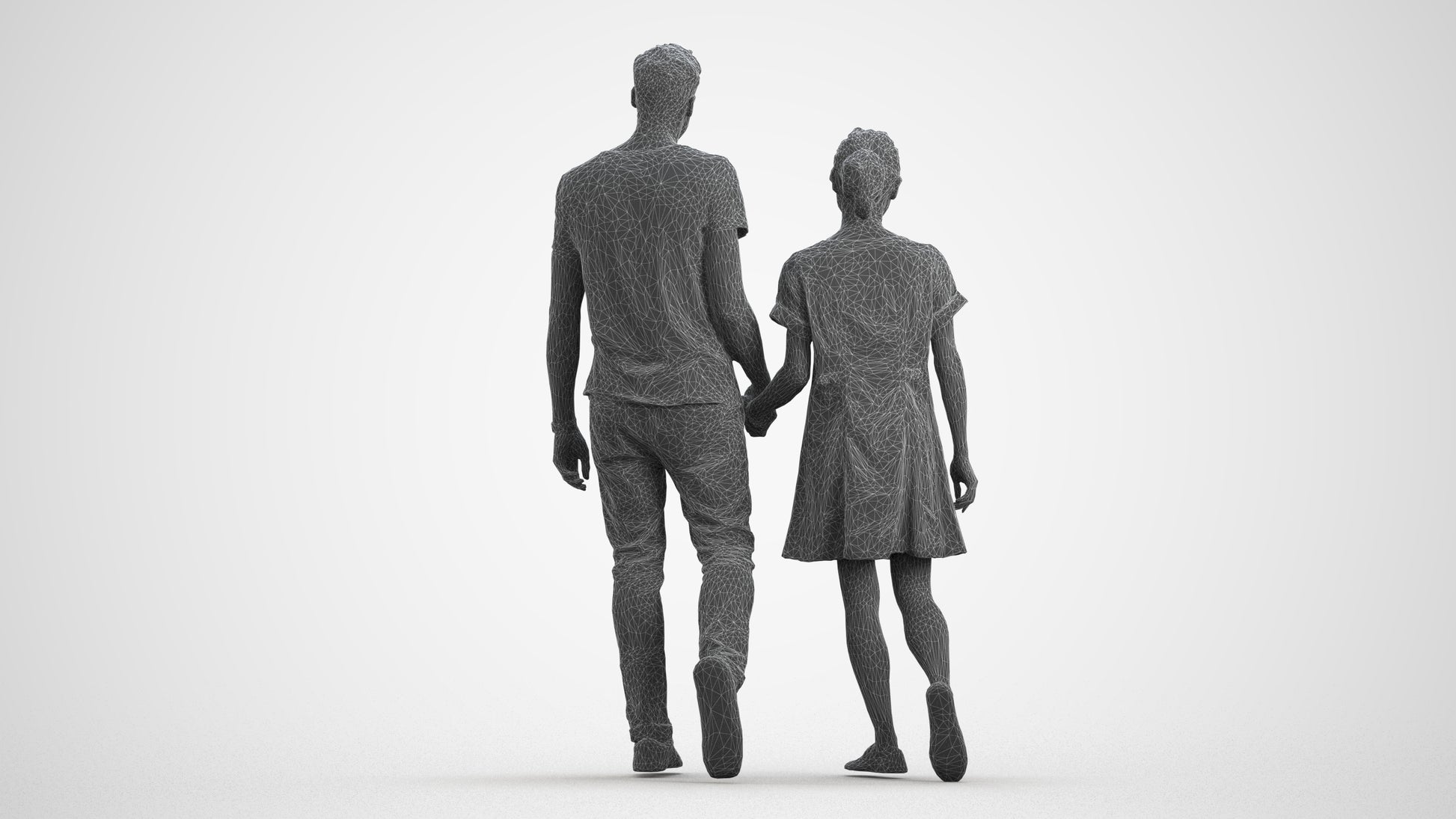 3D human model woman casual couple, photogrammetry scanned person for archviz, wireframe front view