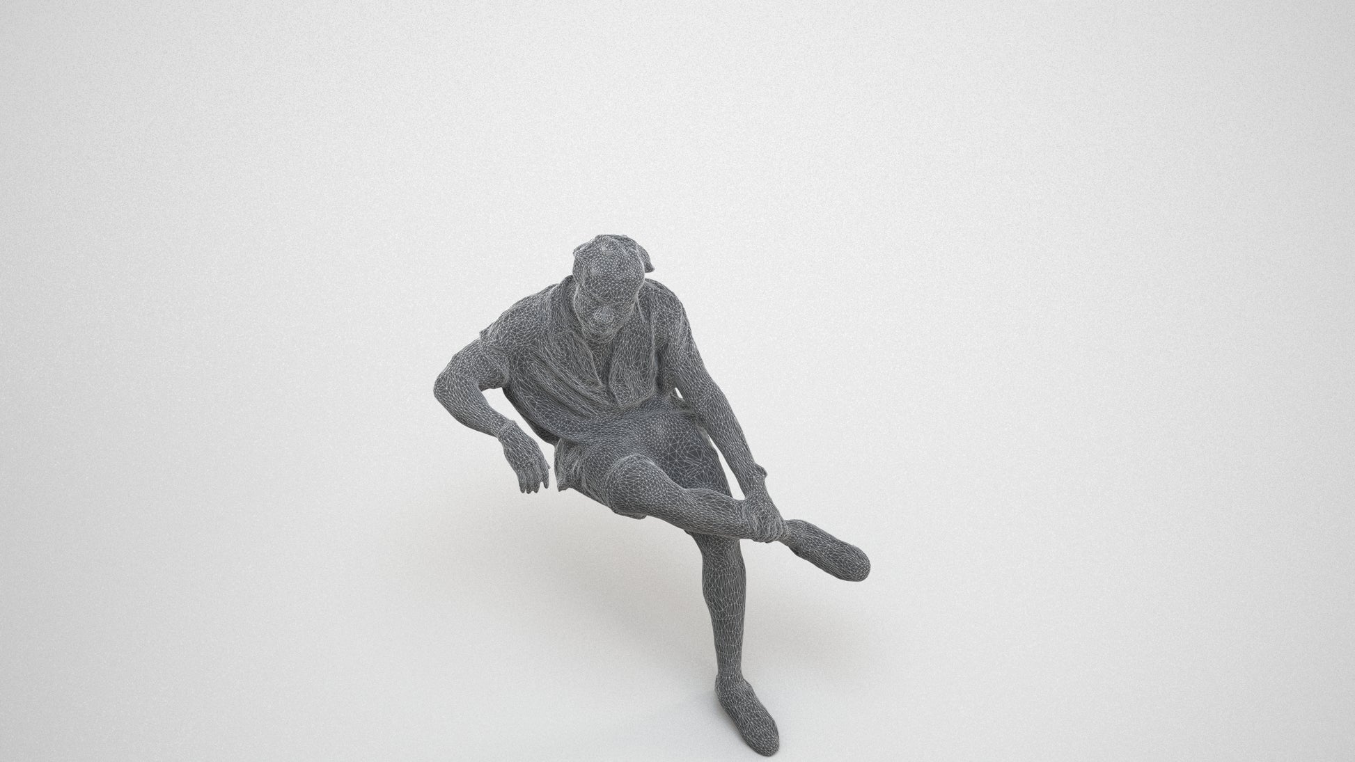 realistic 3D human man casual sitting, archviz people FBX OBJ for Blender, wireframe three-quarter view