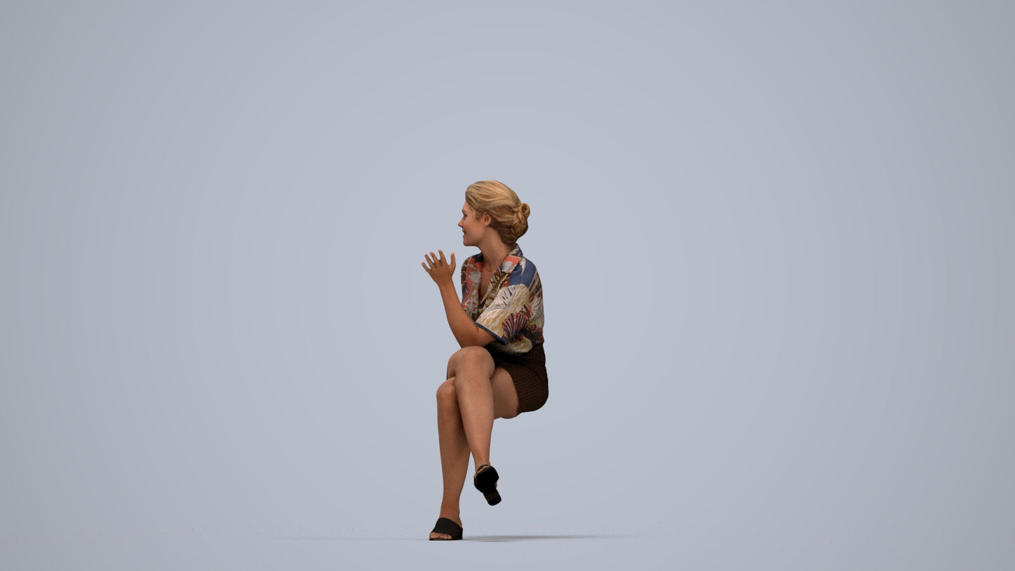 photogrammetry 3D woman casual sitting, realistic human model archviz FBX, top-down view render
