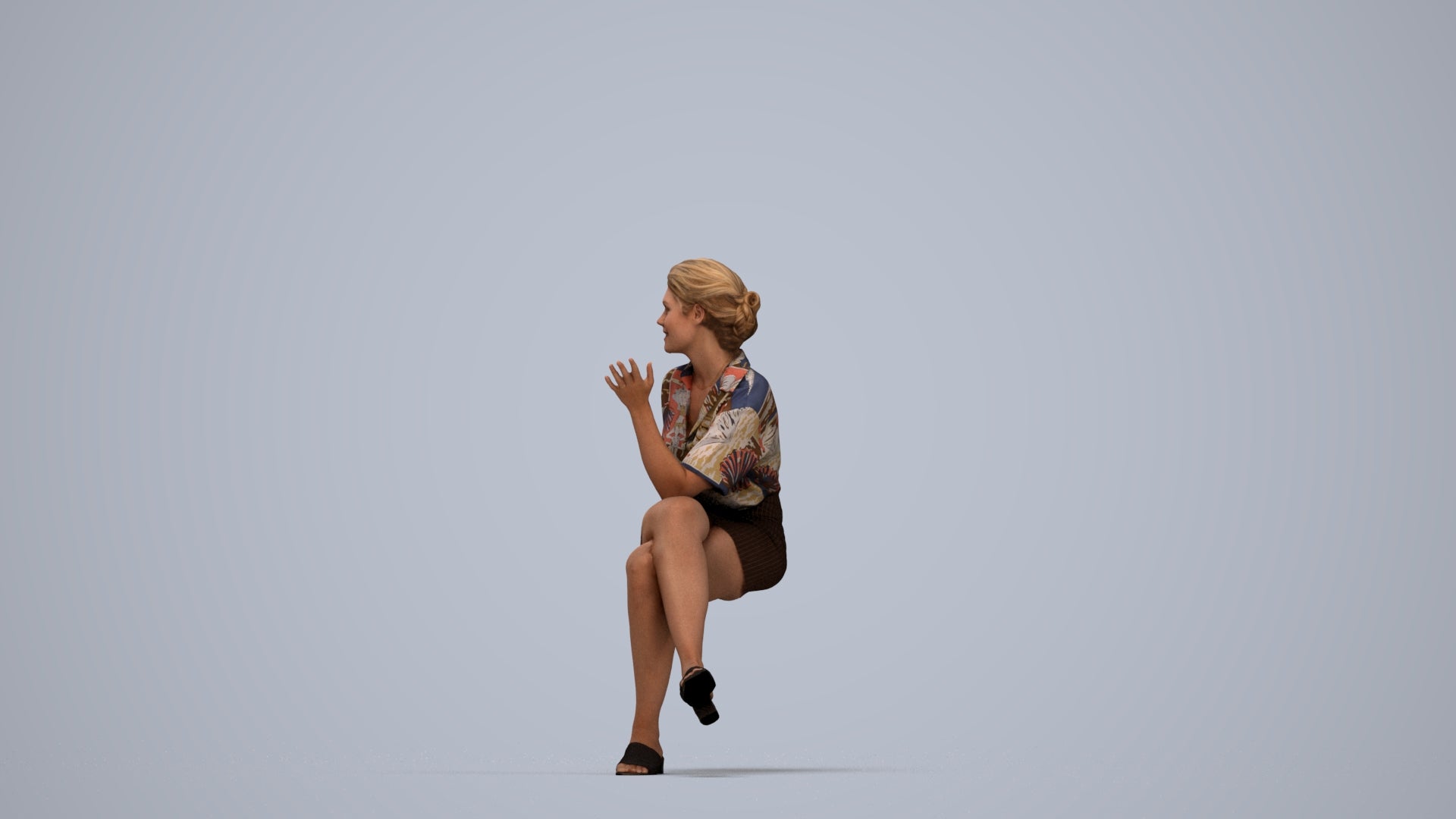photogrammetry 3D woman casual sitting, realistic human model archviz FBX, top-down view render