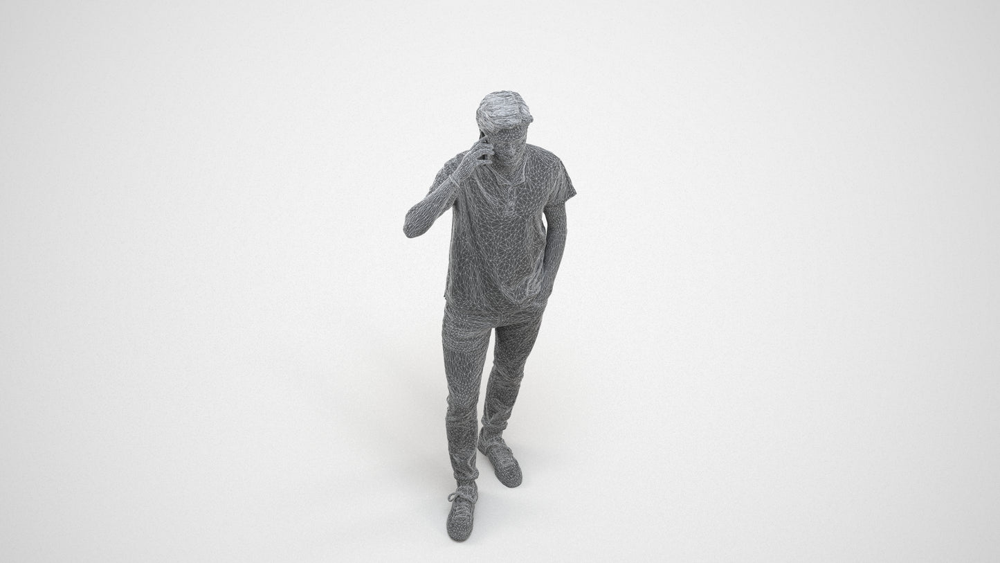 photogrammetry 3D man casual standing, realistic human model archviz FBX, wireframe three-quarter view