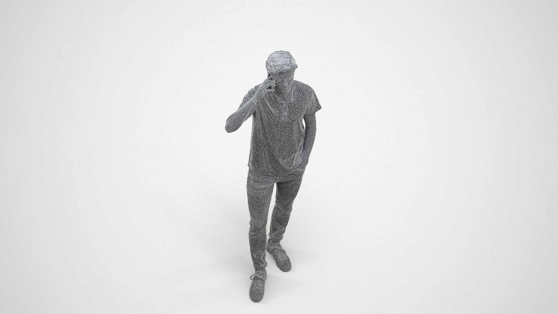 photogrammetry 3D man casual standing, realistic human model archviz FBX, wireframe three-quarter view