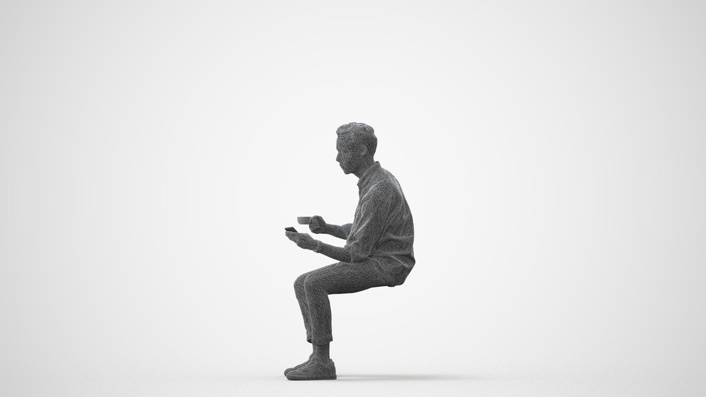 3D human model man casual sitting, photogrammetry scanned person for archviz, square thumbnail