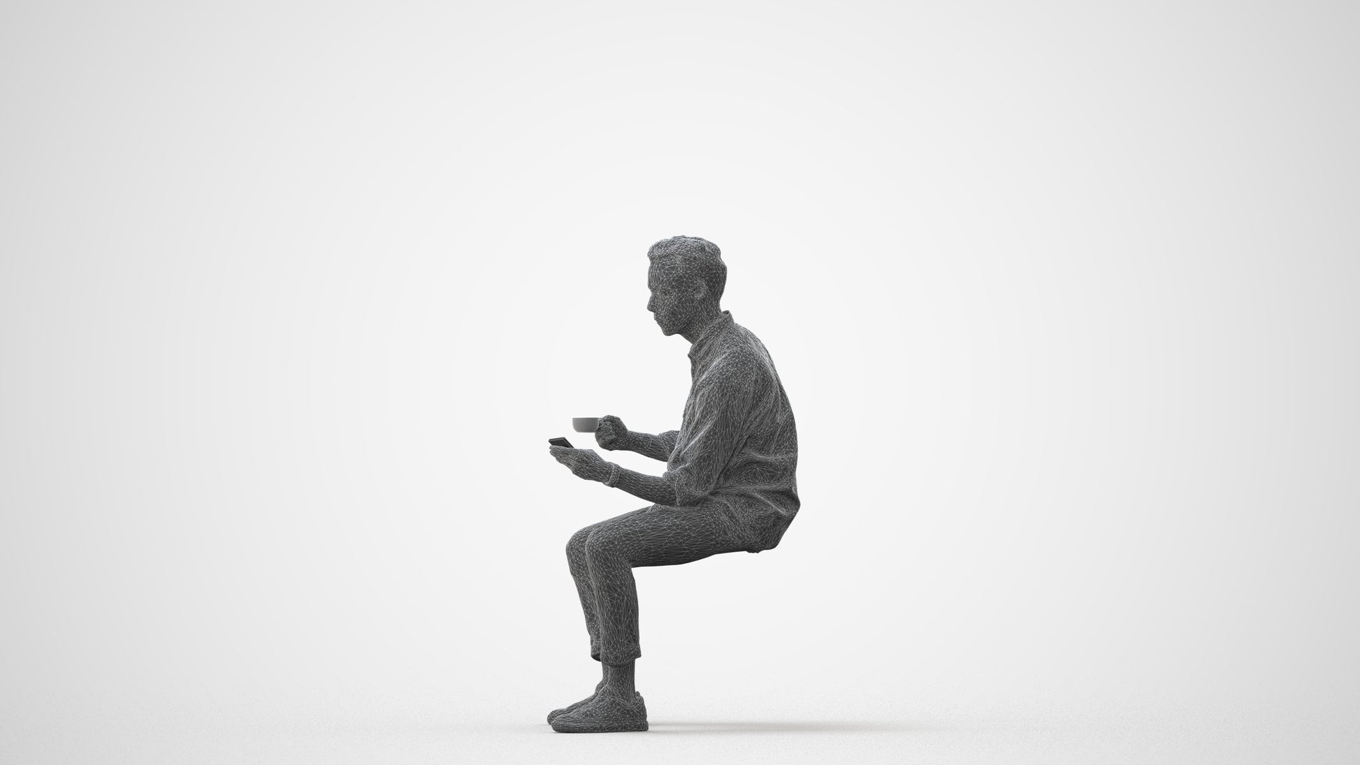 3D human model man casual sitting, photogrammetry scanned person for archviz, square thumbnail