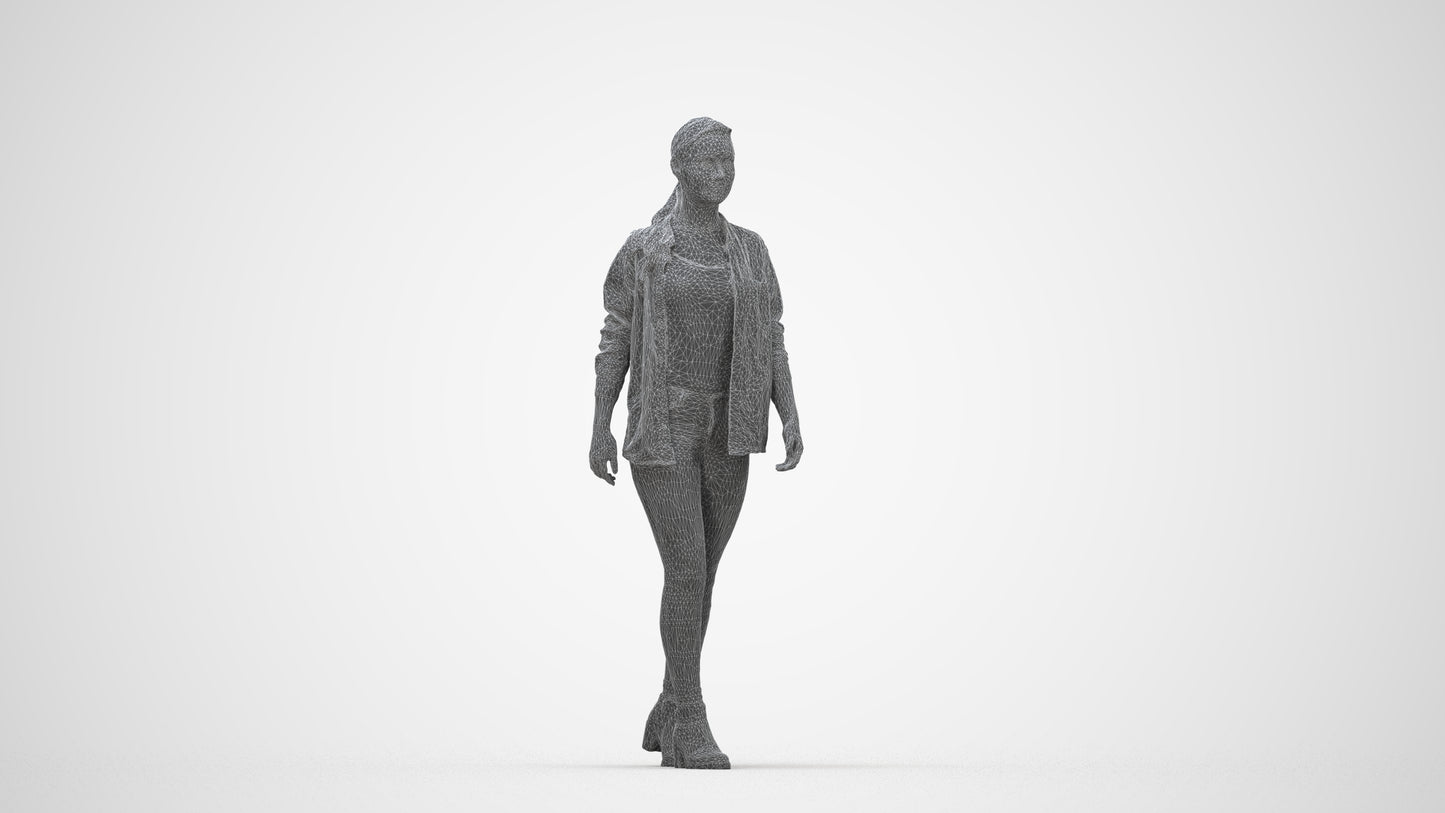 realistic 3D woman casual walking, scanned archviz people for Blender and 3ds Max, wireframe back view