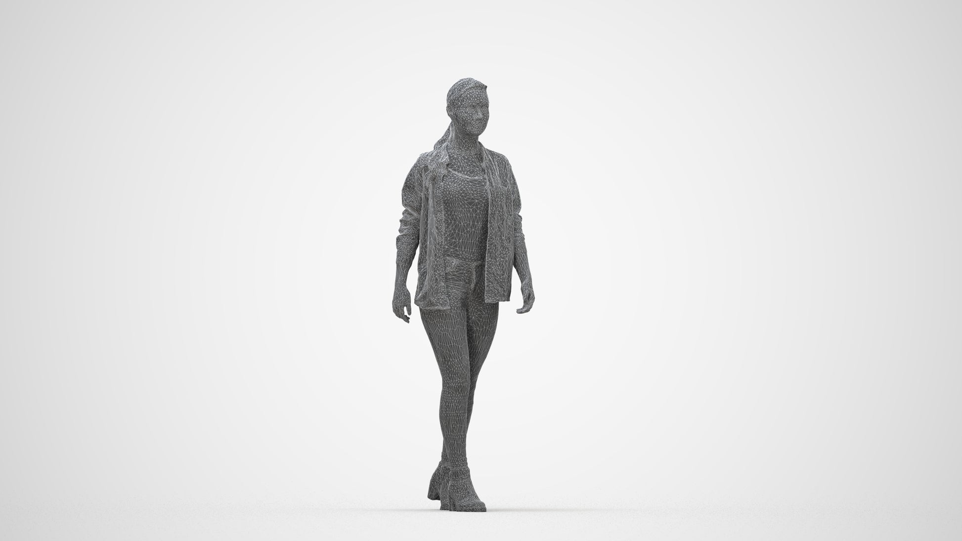 realistic 3D woman casual walking, scanned archviz people for Blender and 3ds Max, wireframe back view