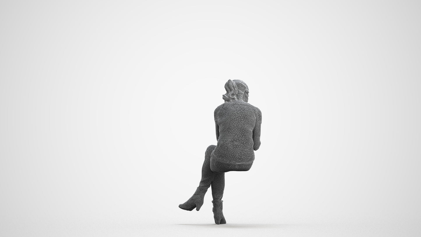 realistic 3D human senior woman casual sitting, archviz people FBX OBJ for Blender, wireframe front view