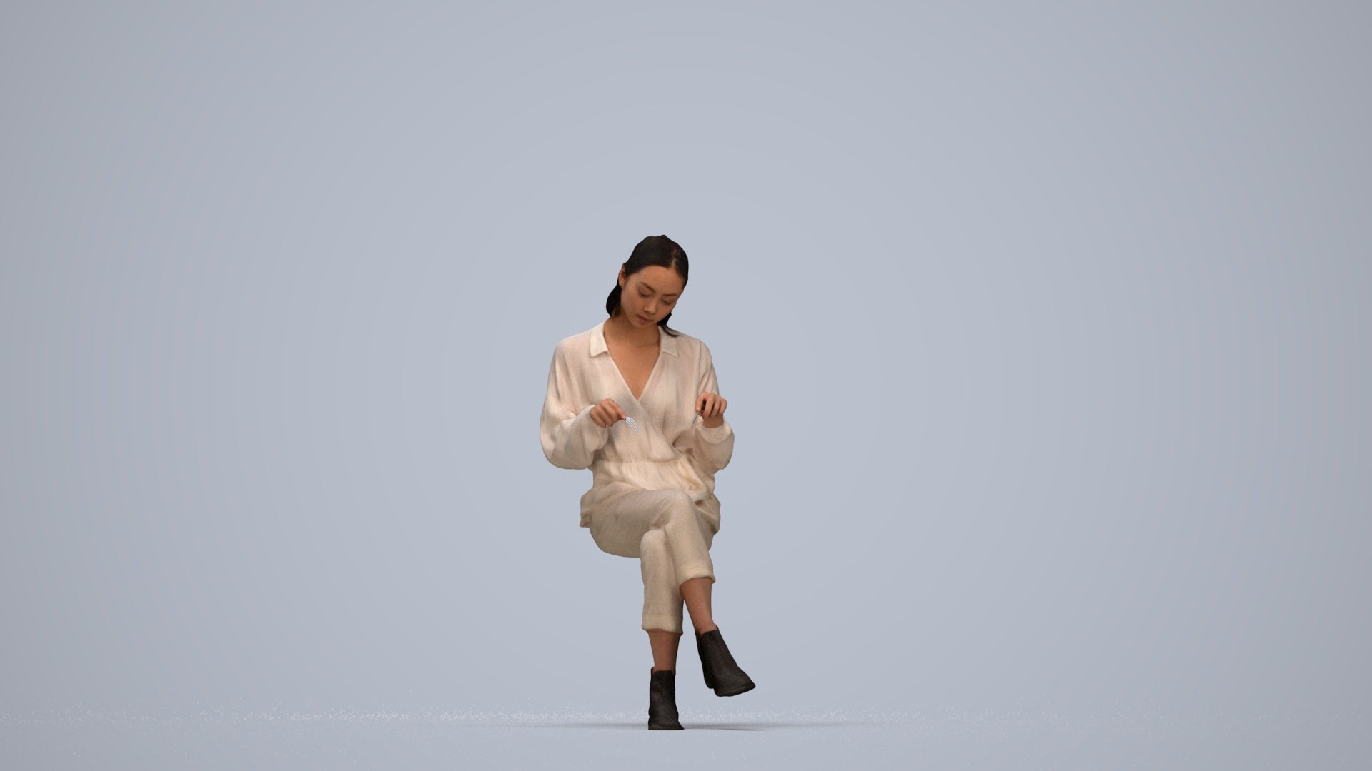 realistic 3D woman casual sitting, scanned archviz people for Blender and 3ds Max, top-down view render