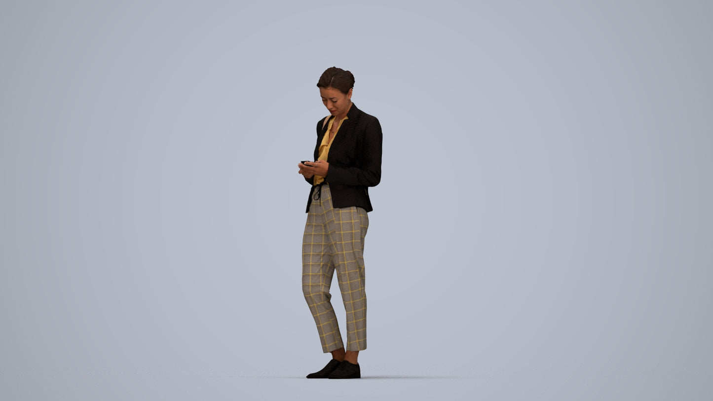 3D human model woman business standing, photogrammetry scanned person for archviz, top-down view render
