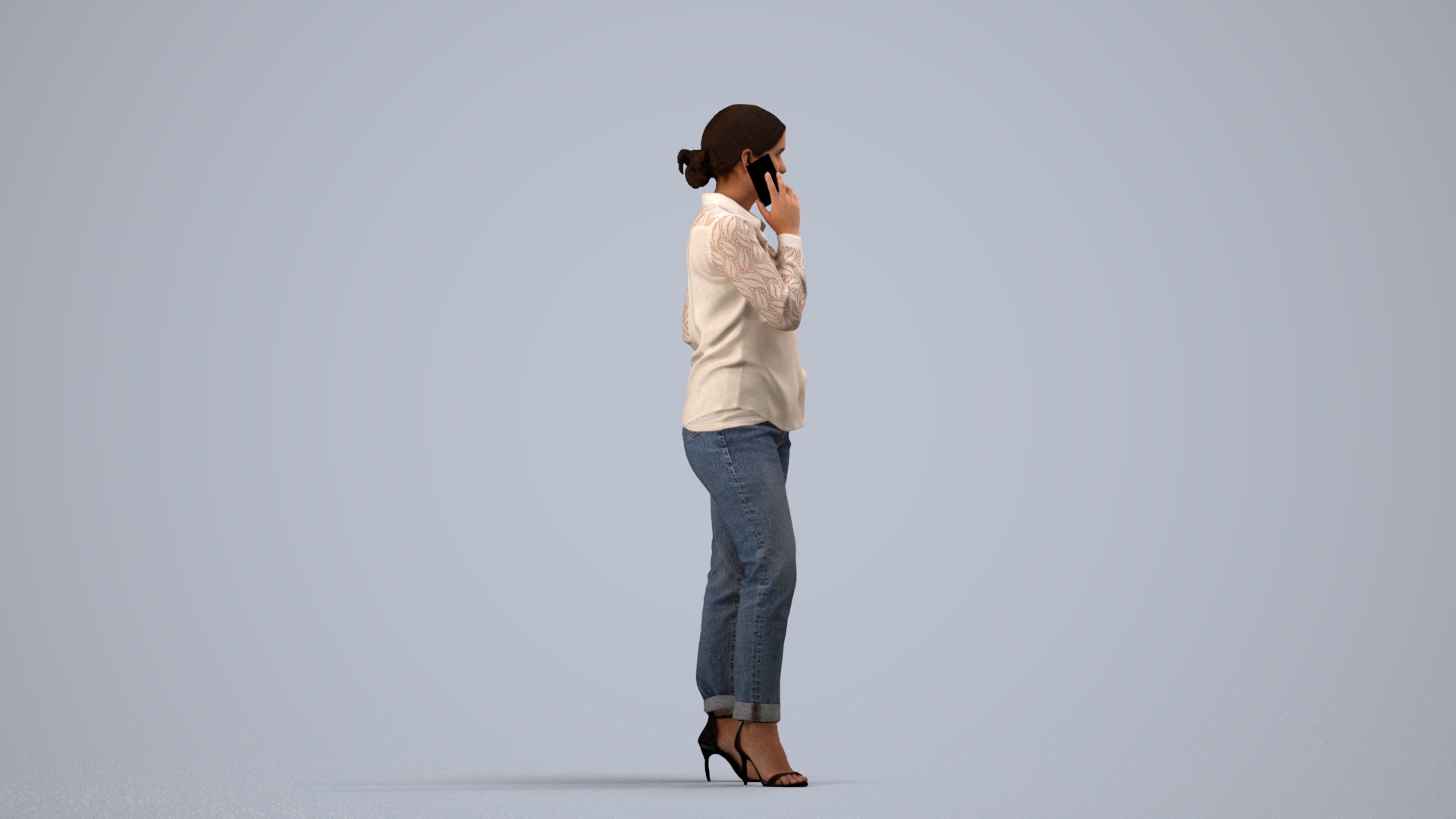 3D scanned woman standing casual, photorealistic archviz people for Enscape and SketchUp, side view render