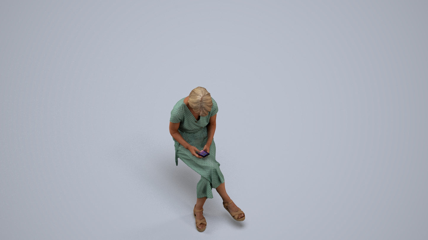 photogrammetry 3D senior woman casual sitting, realistic human model archviz FBX, back view render