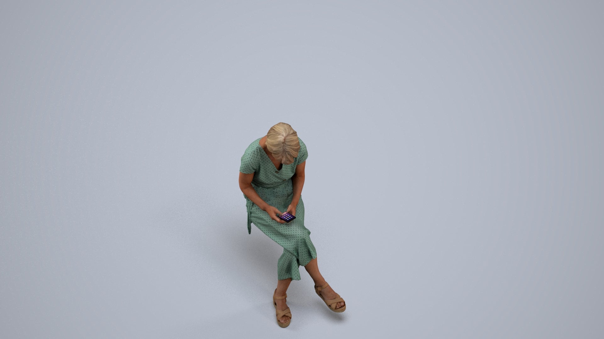 photogrammetry 3D senior woman casual sitting, realistic human model archviz FBX, back view render
