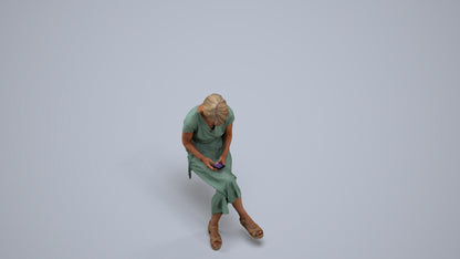 photogrammetry 3D senior woman casual sitting, realistic human model archviz FBX, back view render