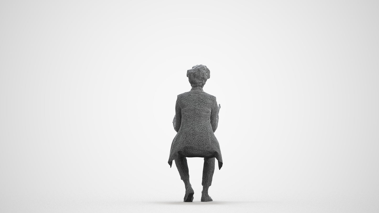 realistic 3D woman business sitting, scanned archviz people for Blender and 3ds Max, wireframe front view