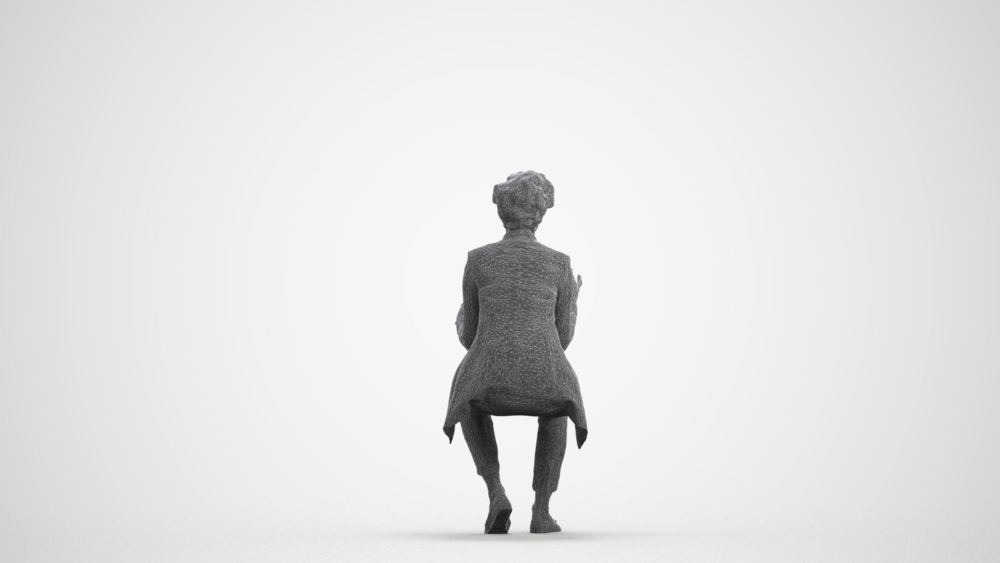 realistic 3D woman business sitting, scanned archviz people for Blender and 3ds Max, wireframe front view