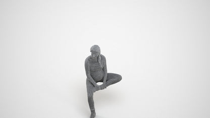 realistic 3D woman casual sitting, scanned archviz people for Blender and 3ds Max, wireframe three-quarter view