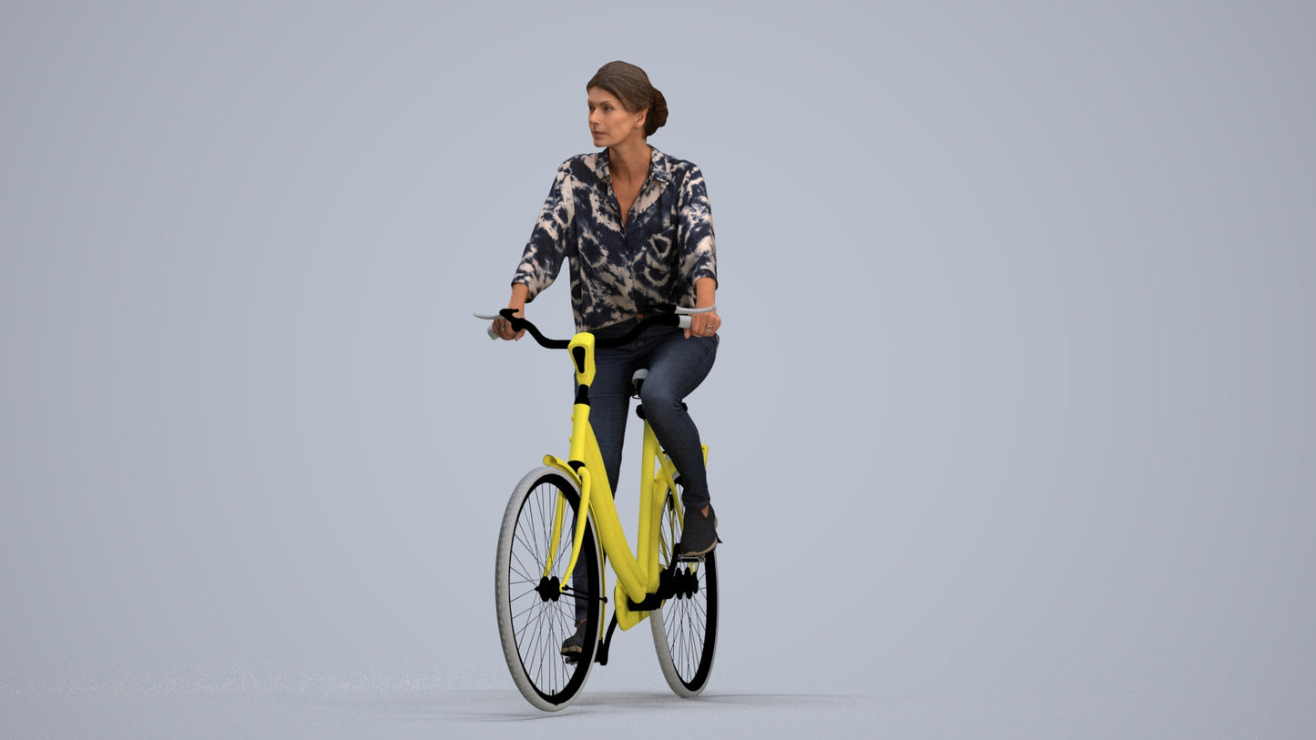 photogrammetry 3D woman casual cycling, realistic human model archviz FBX, standing pose render