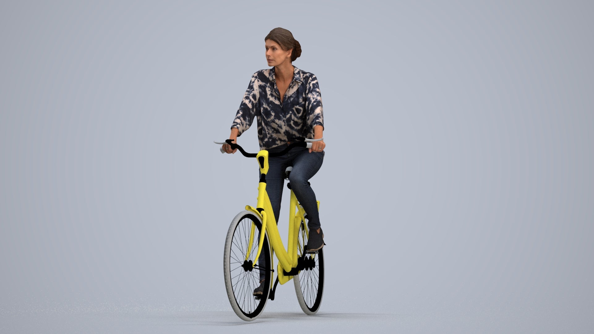 photogrammetry 3D woman casual cycling, realistic human model archviz FBX, standing pose render