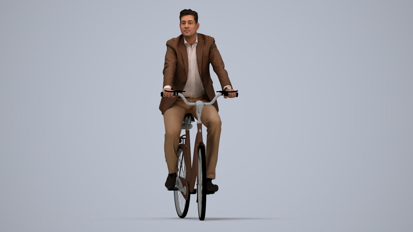 photogrammetry 3D man business cycling, realistic human model archviz FBX, top-down view render