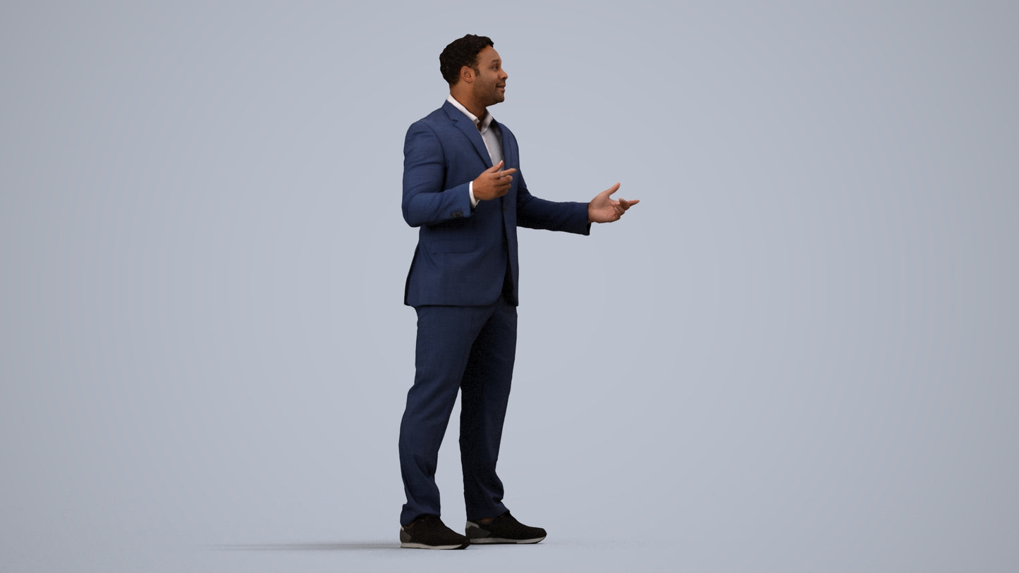 3D human model man business, photogrammetry scanned person for archviz, side view render