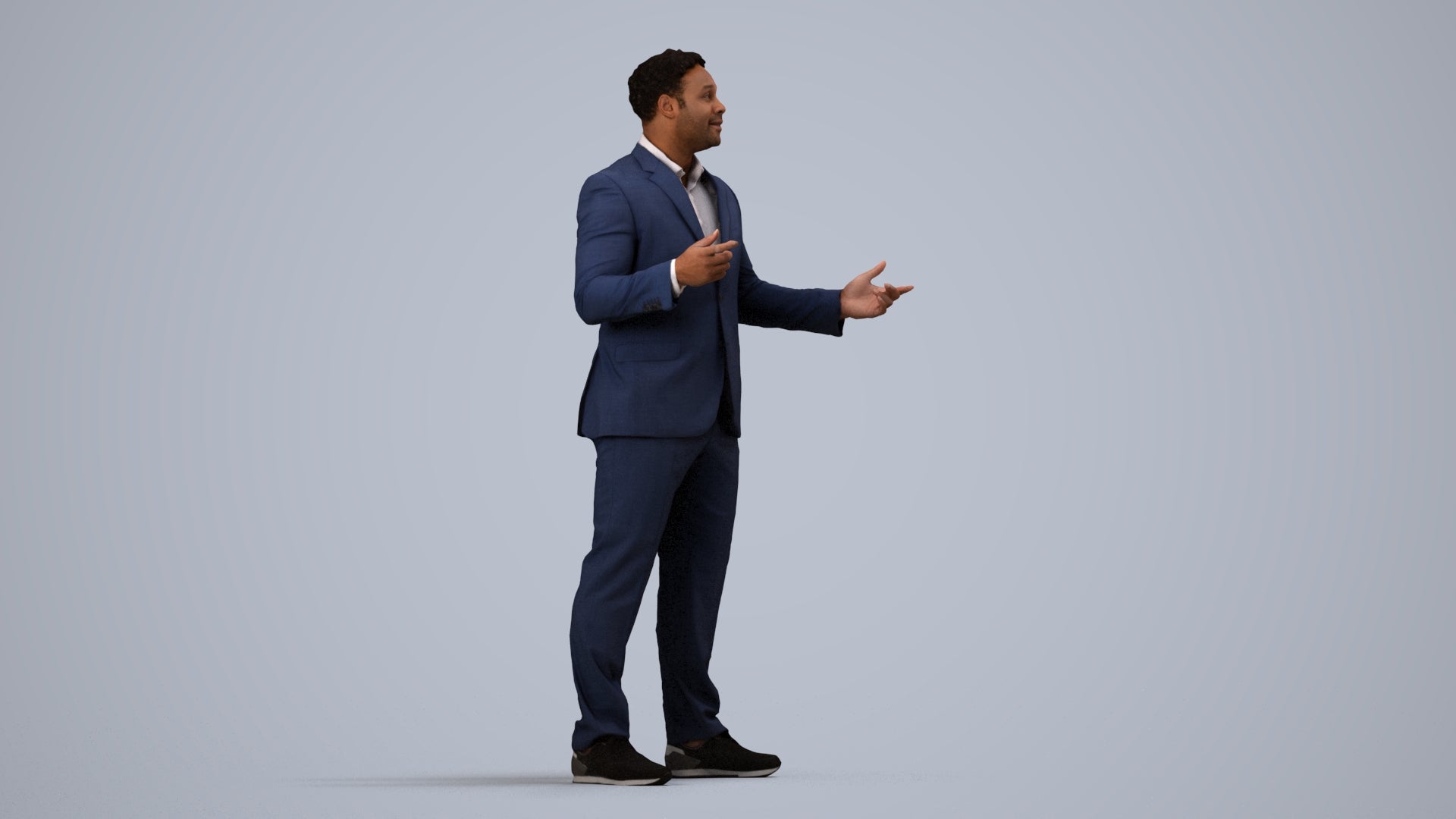 3D human model man business, photogrammetry scanned person for archviz, side view render