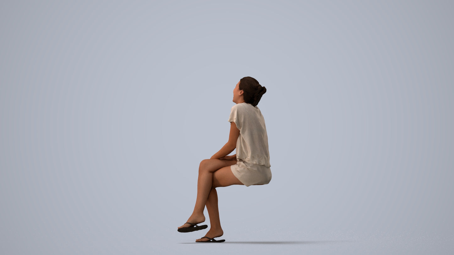 realistic 3D human woman casual sitting, archviz people FBX OBJ for Blender, three-quarter view render