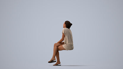 realistic 3D human woman casual sitting, archviz people FBX OBJ for Blender, three-quarter view render