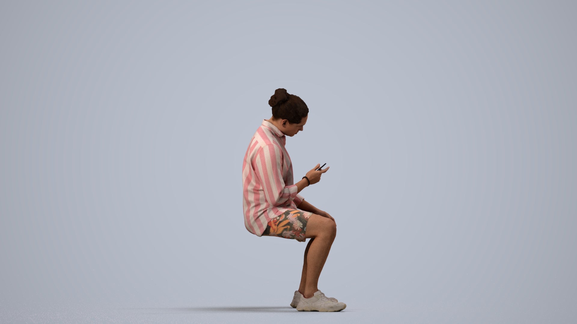 photogrammetry 3D man casual sitting, realistic human model archviz FBX, side view render