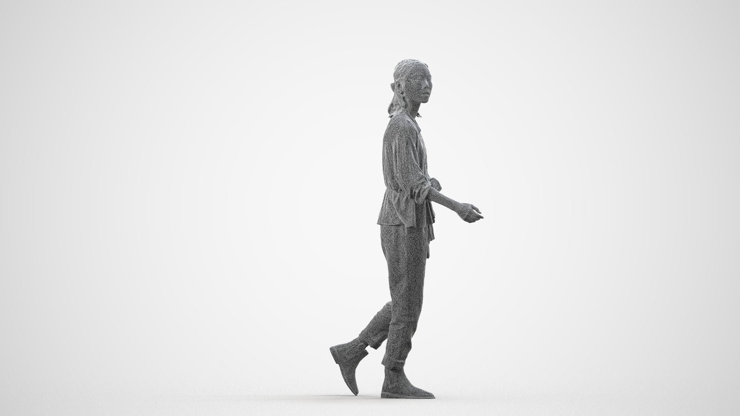 3D people model woman casual walking, scanned human for 3ds Max rendering, wireframe side view