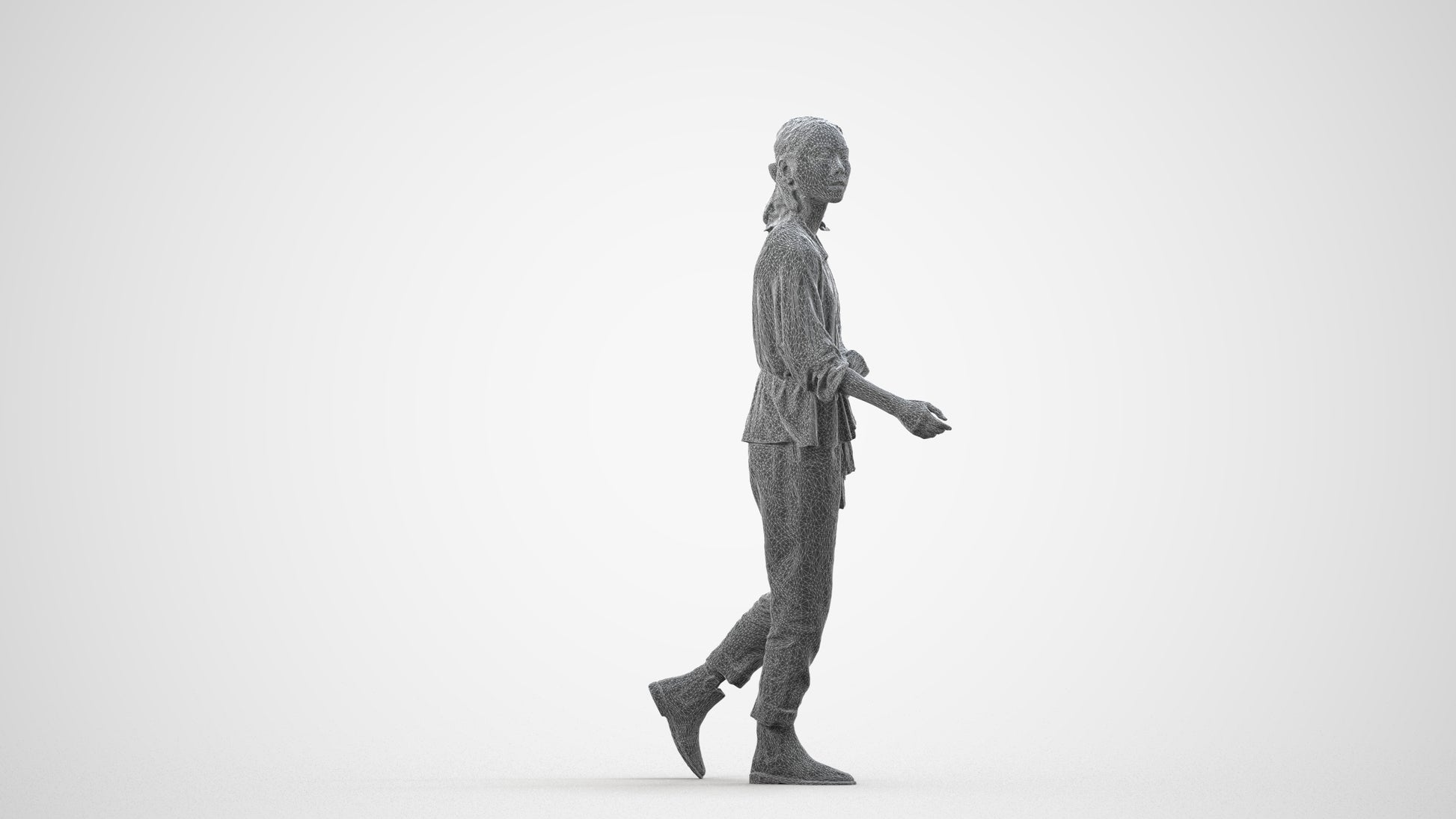 3D people model woman casual walking, scanned human for 3ds Max rendering, wireframe side view