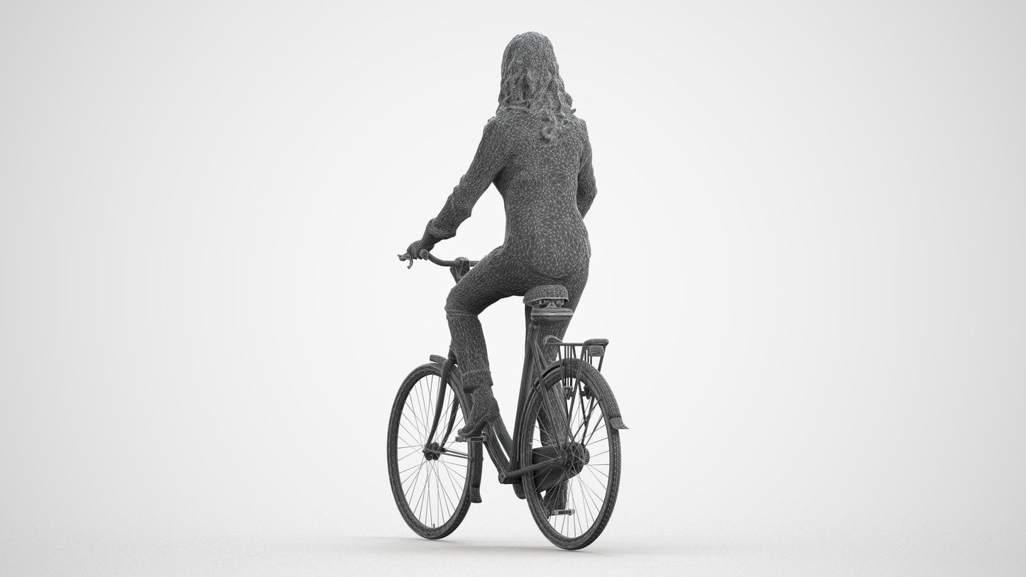 3D scanned woman cycling casual, photorealistic archviz people for Enscape and SketchUp, wireframe front view