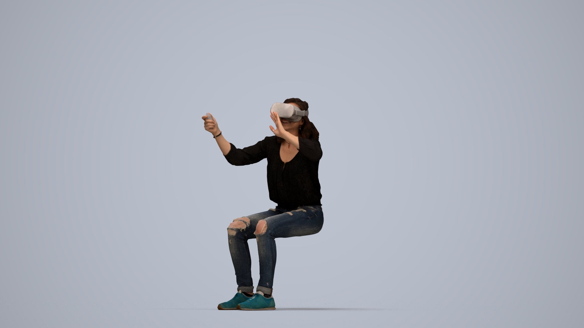scanned 3D woman casual sitting, photogrammetry people for Enscape and V-Ray, top-down view render